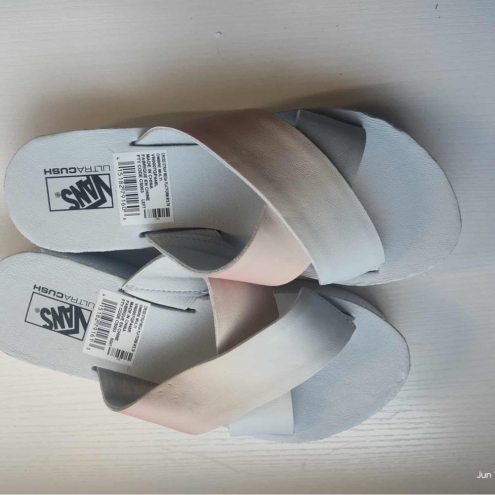 Vans Pink and White Sandals with Two-Strap Design
